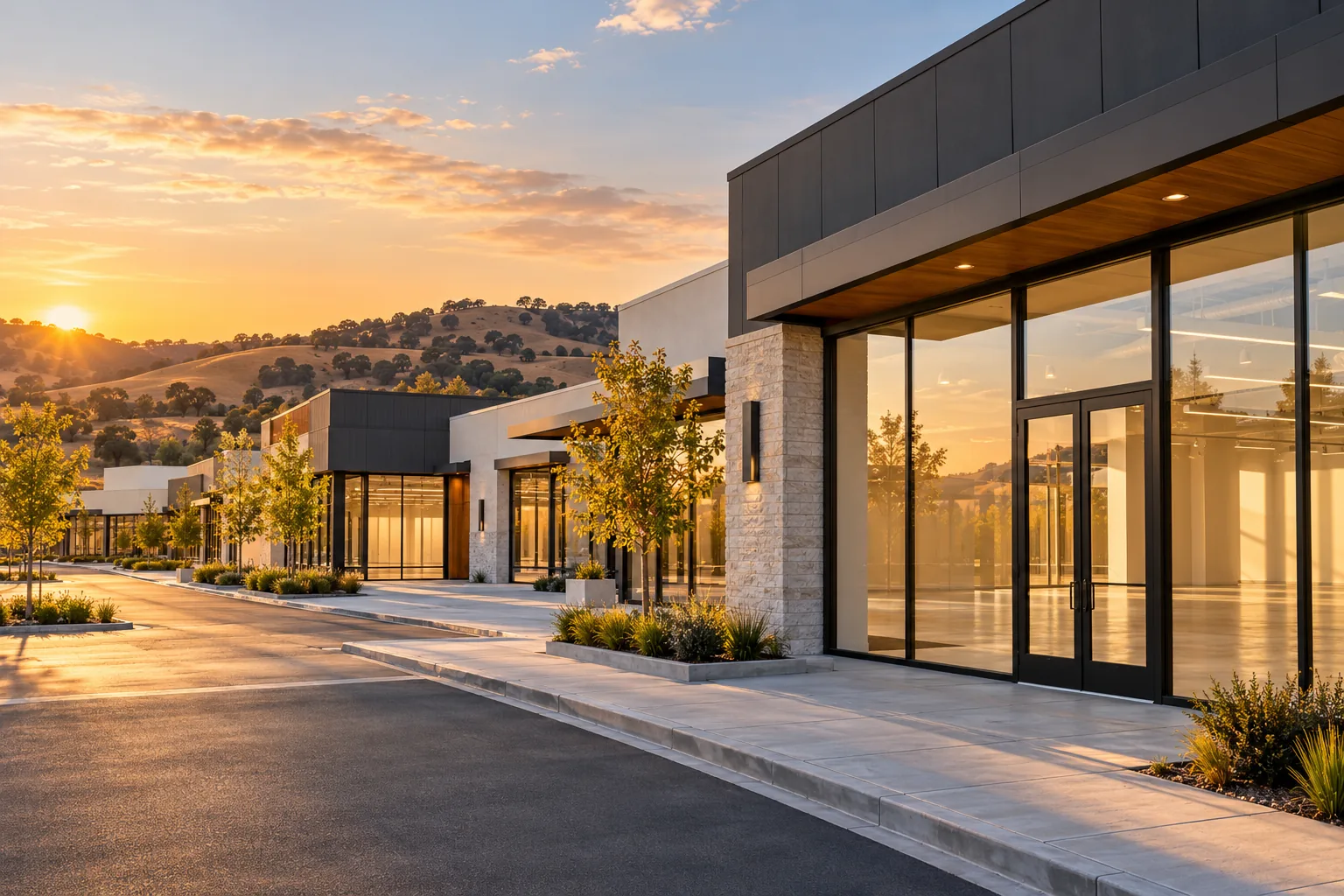 Newly completed single-story commercial building with stone and glass storefronts at sunset